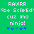 Green background with pixelated white text reading "RAWRR *be ScAreD* c uz ima ninja!" and blue star-like symbols below.
