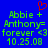 Blue background with green text reading 'Abbie + Anthony= forever <3 10.25.08' and a red pixelated heart symbol above the name.