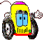 Yellow cartoon vehicle with blue windows, pink top, red base, black tires, and white smoke effects on gray background.