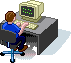 Pixelated image of a person in blue shirt and dark pants sitting at desk with beige computer, green dots on screen.