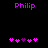 Pixelated purple text 'Philip' above two of pink and purple heart icons on black background