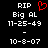 Black background displays white text 'RIP', 'Big AL', two date ranges, and a red pixelated heart symbol above the right side of the text.