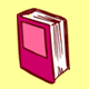 Four pink book icons with white spines on a yellow background, two upright and two tilted.