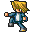 Pixel art character with spiky yellow-brown hair, blue jacket over white shirt, and gray shoes in two poses against light gray background.