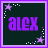 Two side-by-side animated frames of a pixel art buddy icon featuring the name "ALEX" in purple text on a dark green background with stars and dotted lines.