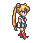 Pixel art of a character with long blonde pigtails, blue sailor-style top, white skirt, red boots, and red hair bows, shown in four sequential poses against a gray background.