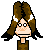 Pixel art of a character with brown hair styled in two tall sections, white horns, black glasses, and a neutral expression against a gray background.