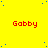 Yellow background with scattered blue dots and red text reading 'Gabby' repeated in a pattern
