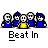 Animated contact sheet of a pixel art buddy icon showing sequential frames of blue characters with yellow heads, white smoke effects, and text bubbles over gray background.