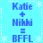Blue pixelated text on light blue background with white snowflake and dashed line borders, showing 'Katie + Nikki = BFFL' repeated four times in a