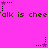 Pixelated pink background with repeated 'alk is chee' text and alternating black/purple star icons in a pattern