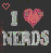 Pixelated static icon with dark background featuring a pink heart, stylized 'I' character, and large text reading 'NERDS' in gray block letters with green accents.