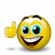 Yellow spherical emoji with blue eyes, black eyebrows, and a wide smile showing white teeth; thumb-up gesture changes from extended to curled across frames.