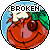 A circular pixelated icon with a smiling orange character, green leafy hair, and a blue sky background, displaying the word 'BROKEN' at the top.