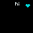 Pixelated cyan heart and 'hi' text appear in four positions on a black background, with one cluster of cyan dots animating between them.
