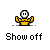 Pixelated character with white face and yellow body in multiple arm poses above 'Show off' text on gray background.