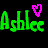 A contact sheet of 7 animated frames showing variations of the name "Ashlee" in green pixelated text with pink heart symbols above each frame on a black background, transitioning from full spelling to partial truncation.