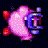 Pixelated animated icon of a pink pig-like character with blue goggles and red accents in five sequential frames showing rotation and facial expression changes against black background.