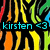 Pixelated icon with cyan text 'kirsten <3' over colorful vertical bars on black background.