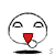 Pixelated circular face with closed eyes, red triangular mouth, and a small looped line beneath the mouth, casting a dark shadow on a white background.