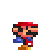 Pixel art of Mario with mustache, red cap, blue shirt, white gloves, brown shoes; mushroom icon; plus sign and equals sign in