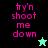 Pixelated text 'tyn shoot me down' in pink on black and cyan backgrounds with a star icon changing from light green to black.