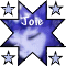 Blue star-shaped background with white 'Jone' text, surrounded by gray diamond and square containing blue stars