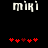 Pixelated text 'miki' above red heart symbols on black background, with one heart changing color between frames.