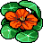 Pixelated flower with orange petals and green leaves on a gray background.