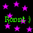 Black background with scattered purple stars and green text reading "Roodi :)" in multiple positions.