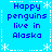 Blue background with white snowflake and dotted line borders, displaying repeated text "Happy penguins live in Alaska" in dark blue pixelated font.