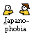 Pixelated character with white face, brown hat, yellow shirt; repeated in with text "Japano-phobia" below each pair