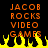 Pixelated orange text 'JACOB ROCKS VIDEO GAMES' on black background with yellow flames at bottom, two identical frames side-by-side.