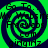 Four identical spiral patterns with green and dark blue colors, each containing repeated text elements.