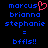 Pixelated text displays names and phrases with a red heart symbol replacing the 'o' in marcus on left, blue text on black background.