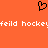 A static orange background displays a black pixelated heart symbol above white pixelated text reading "feild hockey" repeated twice.