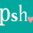 Teal background with white text 'psh.' and a pink heart symbol, repeated in multiple across the image