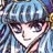 Pixelated close-up of a character with light blue hair and dark eyes, wearing a dark headband, against a blurred background of blue and white tones.