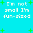 Pixelated text on cyan background with green plus signs, repeating 'I'm not small I'm fun-sized' in four identical quadrants.