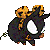 Pixelated cartoon character with black body, white eye, orange-brown hair, and small green vine-like detail on left side.