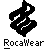Black pixelated abstract shape with white internal lines on gray background, below which is the text 'Rocallwear' in blocky pixel font.
