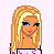 Pixel art of a blonde woman with blue eyes holding a pink-topped drink, wearing a white top and blue jeans against a light pink background.