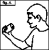 Pixelated black-and-white animation of a figure with short hair flexing an arm, transitioning to the same figure holding a microphone.