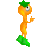 Pixelated orange figure with green top and bottom, one eye visible, right hand raised in a gesture, standing against gray background.