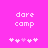 Pixelated text 'dare comp' on bright pink background with two of white and light purple heart symbols