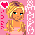 Pixel art contact sheet of a blonde cartoon character in pink and yellow attire with heart symbols on a pink background, showing five animation frames arranged 3x2.