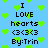Pixelated blue background with green heart shapes and black text reading "I LOVE hearts <3<3<3 By:Trin" arranged in two vertical