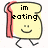 Animated toast-shaped character with red crust, smiling face, and stick legs, displaying text changes across frames.
