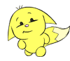 Yellow cartoon character with large ears, small purple nose, and white-tipped tail in various poses against gray background.