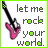 Pixelated icon with pink electric guitar, black neck, and green text 'let me rock your world.' on white background.